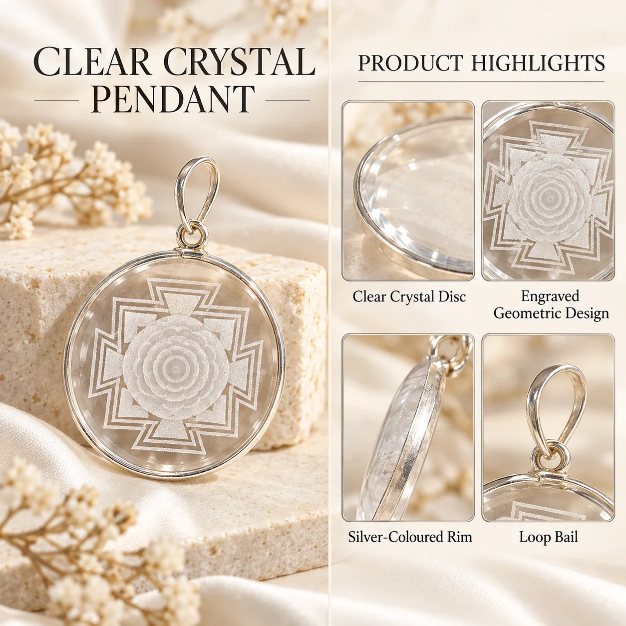 Clear Quartz Shri Yantra Pendant — buy online at Digveda