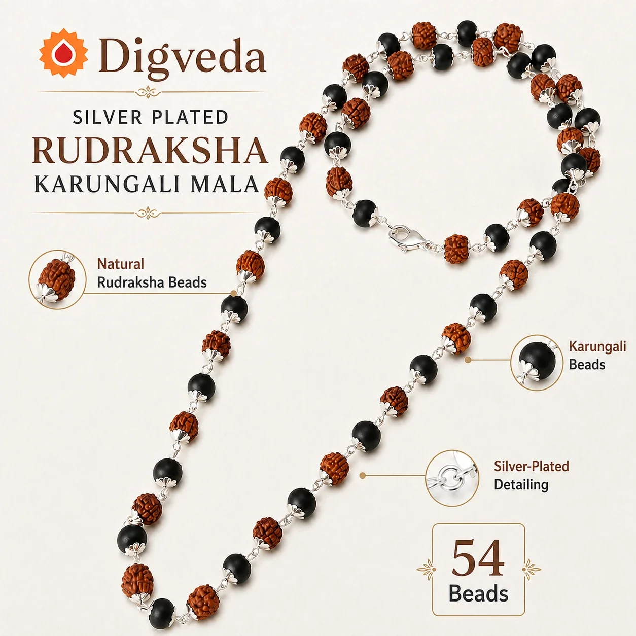 Silver plated Rudraksha Karungali Mala — buy online at Digveda