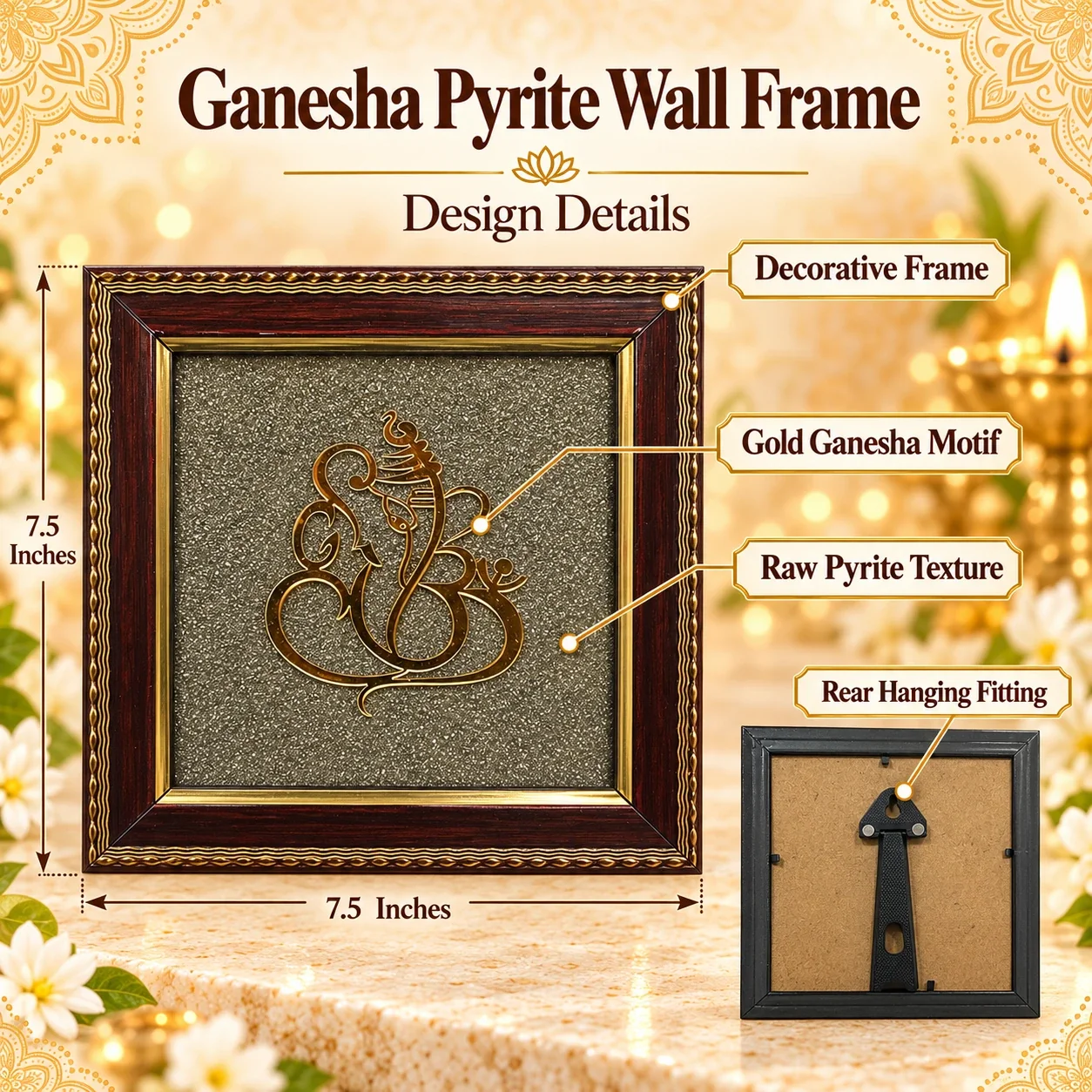 Lord Ganesha Raw Pyrite Crystal wall Frame — buy online at Digveda