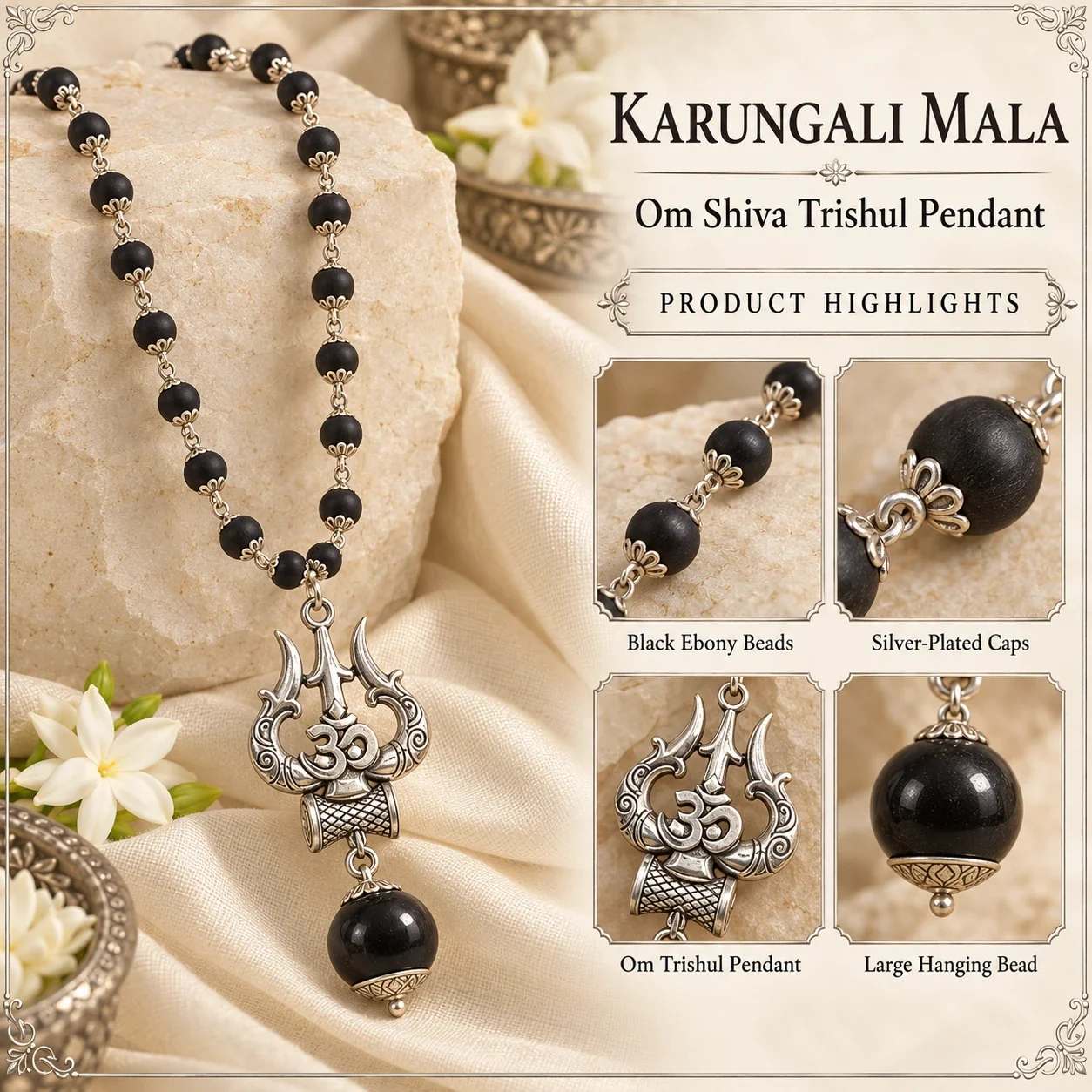 Karungali Mala with Om Shiva Trishul Pendant — buy online at Digveda