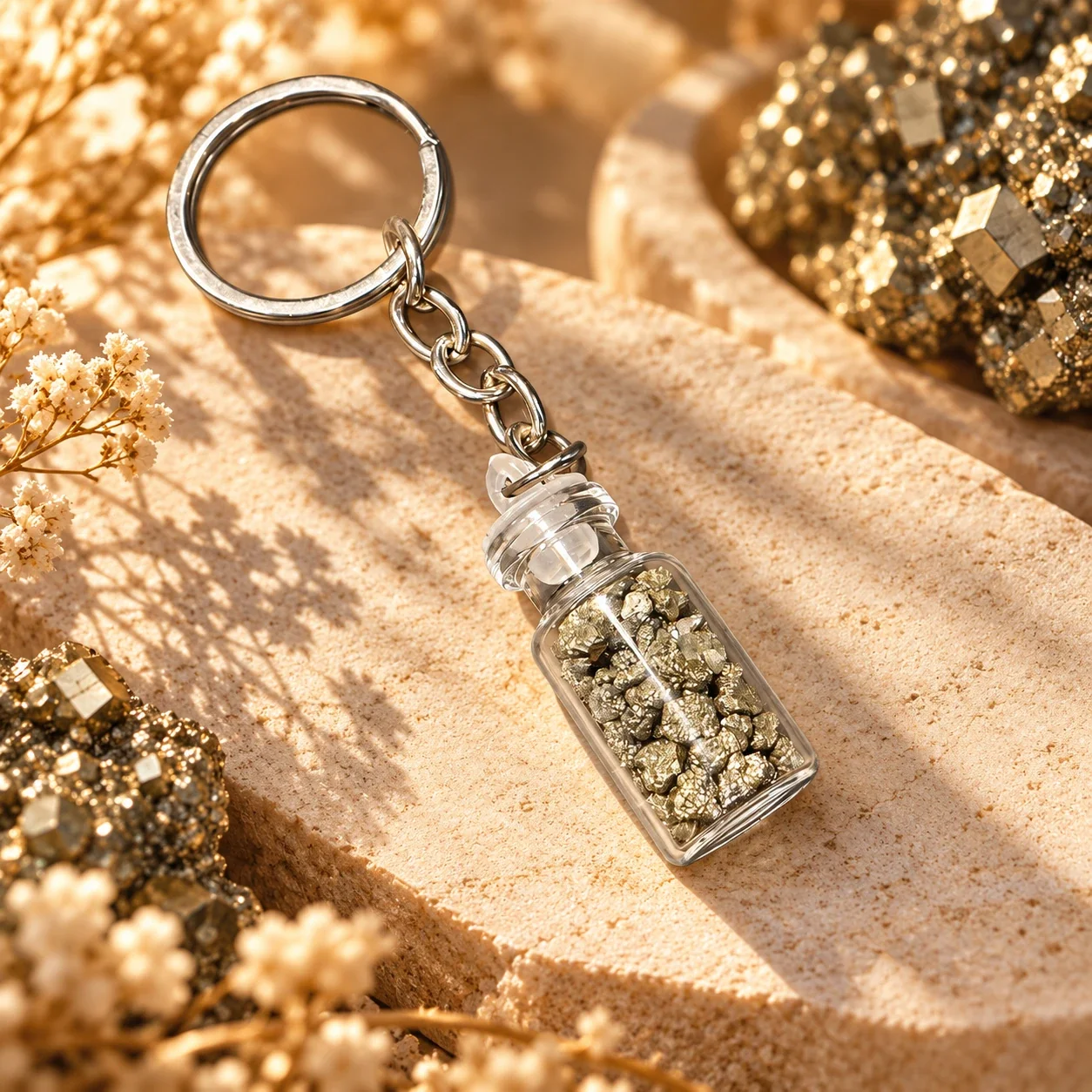 Natural Pyrite Crystal Chips Bottle Keychain — buy online at Digveda
