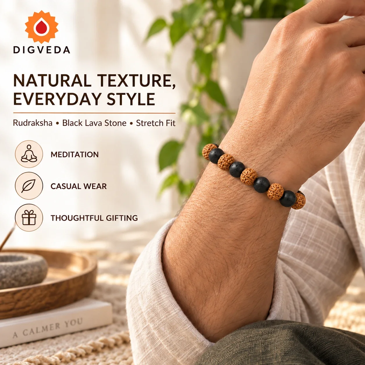 Rudraksha & Black Lava Stone Diffuser Bracelet — buy online at Digveda