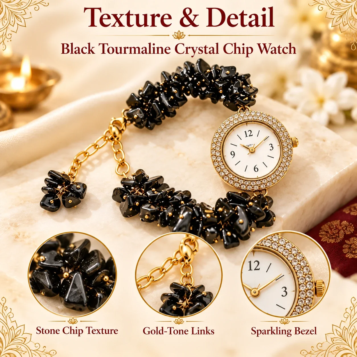 Black Tourmaline Crystal Chip Watch — buy online at Digveda
