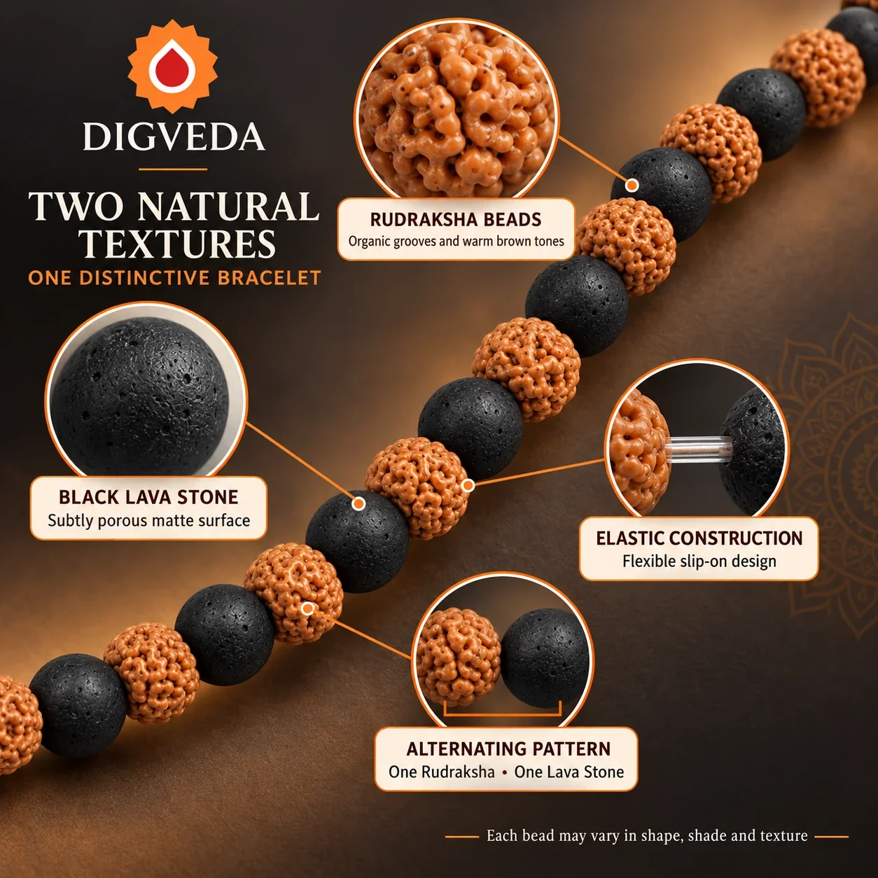 Rudraksha & Black Lava Stone Diffuser Bracelet — buy online at Digveda