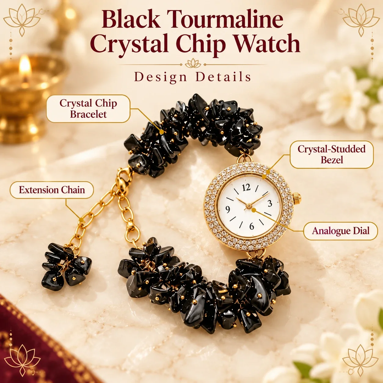 Black Tourmaline Crystal Chip Watch — buy online at Digveda