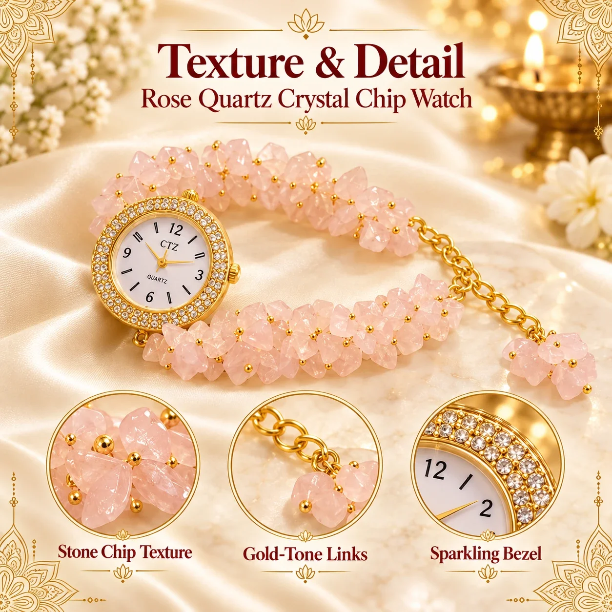 Rose Quartz Crystal Chip Watch — buy online at Digveda