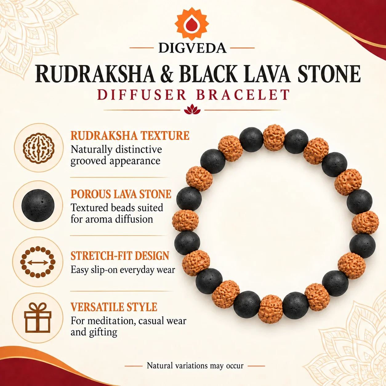 Rudraksha & Black Lava Stone Diffuser Bracelet — buy online at Digveda