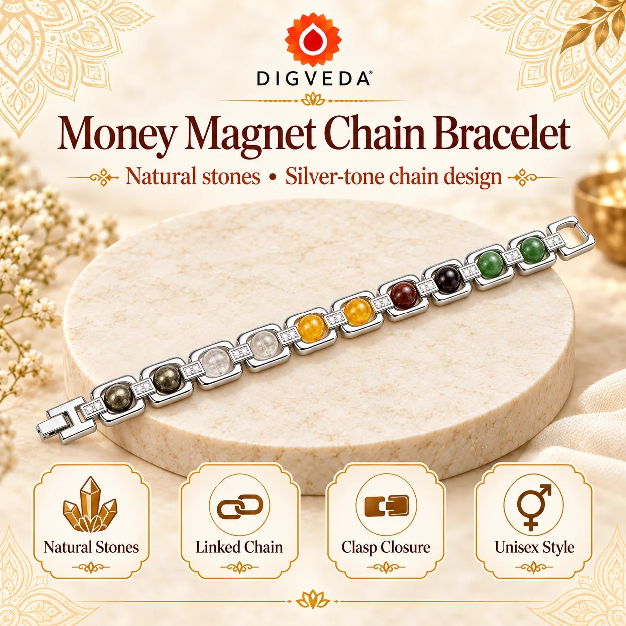 Money Magnet Natural Stone Chain Bracelet with Silver-Tone Links — buy online at Digveda