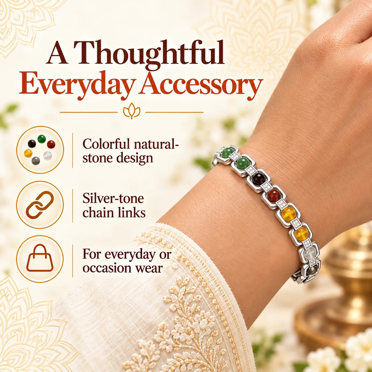Money Magnet Natural Stone Chain Bracelet with Silver-Tone Links — buy online at Digveda