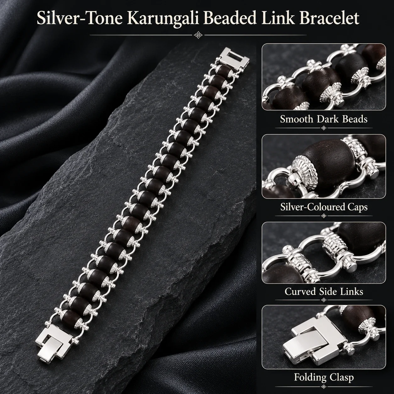 Silver Plated Natural Ebony Wood Beads Karungali Bracelet for Men & Women — buy online at Digveda