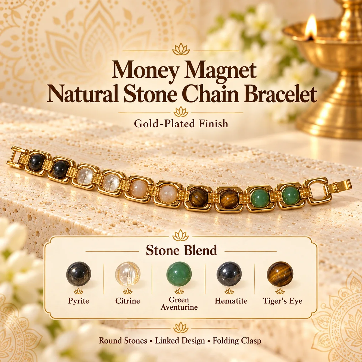 Money Magnet Natural Stone Chain Bracelet Gold Plated — buy online at Digveda