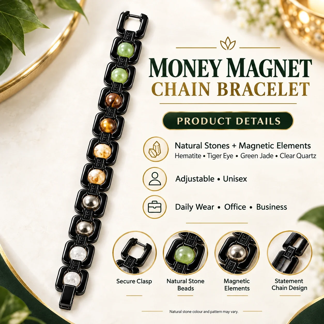 Money Magnet Natural Stone Chain Bracelet with Black-Tone Links — buy online at Digveda