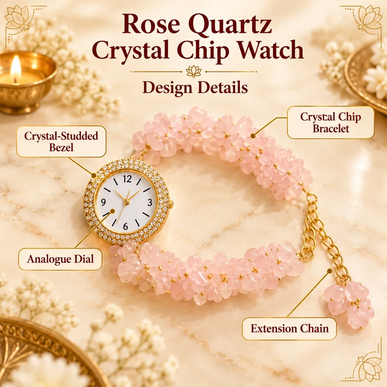 Rose Quartz Crystal Chip Watch — buy online at Digveda