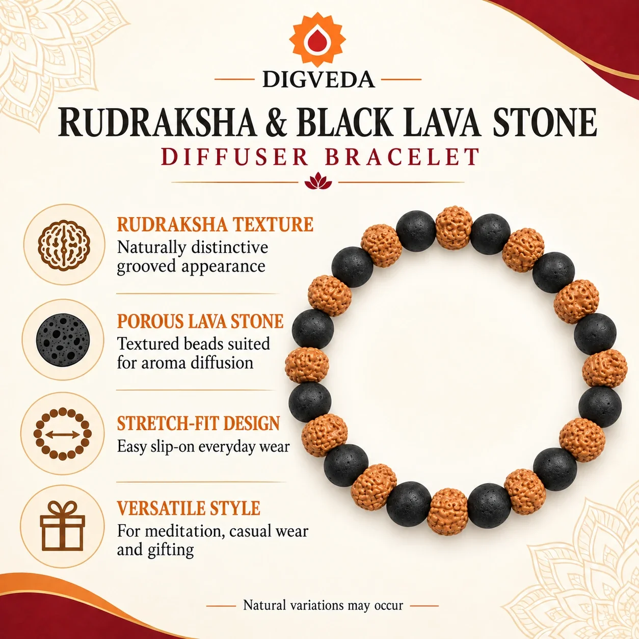 Rudraksha & Black Lava Stone Diffuser Bracelet — buy online at Digveda