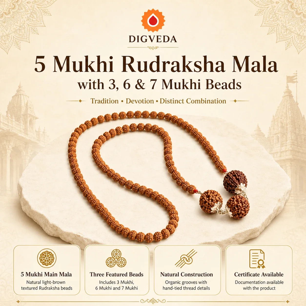 Natural 5 Mukhi Rudraksha Mala with 3 Mukhi, 6 Mukhi and 7 Mukhi Rudraksha Beads — buy online at Digveda