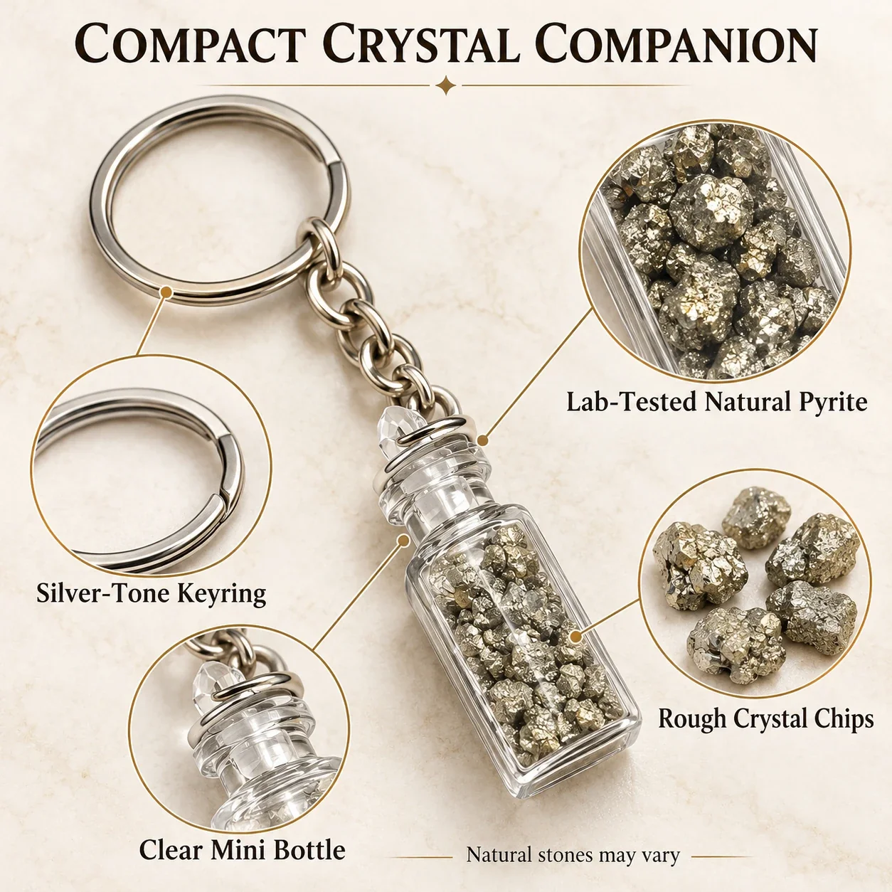 Natural Pyrite Crystal Chips Bottle Keychain — buy online at Digveda