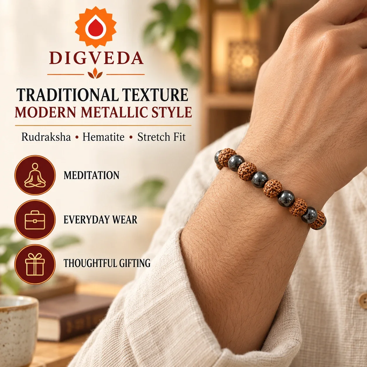 Rudraksha & Magnetic Hematite Healing Bracelet — buy online at Digveda