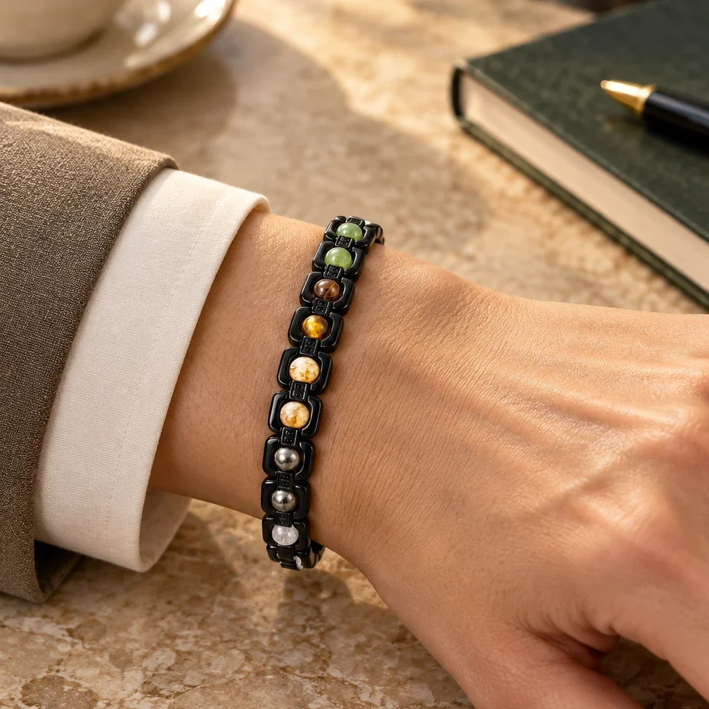 Money Magnet Natural Stone Chain Bracelet with Black-Tone Links — buy online at Digveda